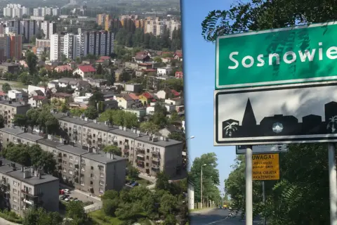 Widok na blokowiska i znak drogowy z napisem Sosnowiec. O co chodzi z sosnowcem? To miasto w Polsce.