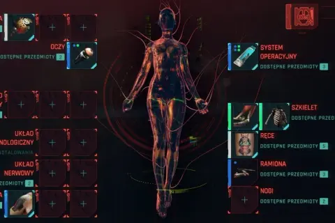 Interfejs ripperdoca pokazuje cybernetyczne ulepszenia ciała: mózg, oczy, szkielet, ręce, nogi i skórę.