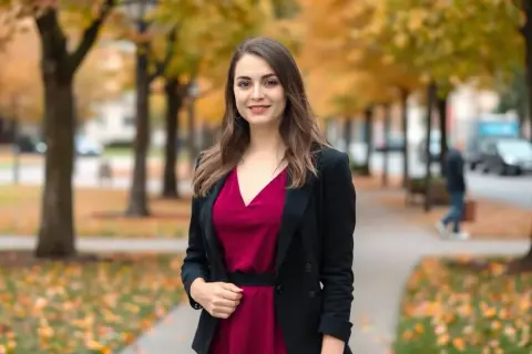 Elegancka kobieta w bordowej sukience i czarnym żakiecie, idealne połączenie na jesienny spacer.
