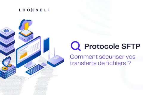 Illustration de sécurité réseau avec un serveur, un ordinateur et un routeur. Le texte "Protocole SFTP" et "Comment sécuriser vos transferts de fichiers ?" est présent.