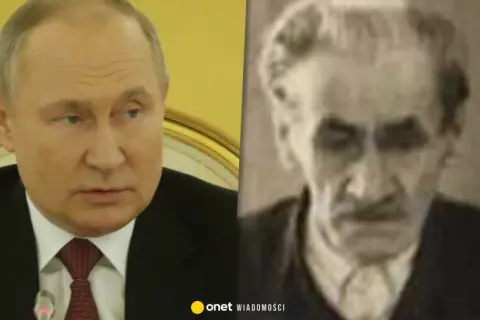 Podzielony obraz: Władimir Putin po lewej, postać historyczna po prawej.