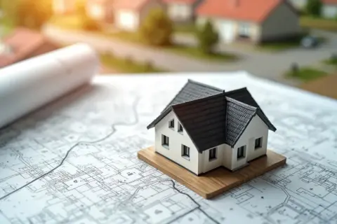 Model domu na planach architektonicznych, zapowiadający budowę nowych domów z ogrodami.