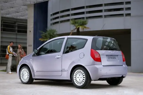 Jasnoszary Citroën C2 z parą stojącą w tle przed nowoczesnym budynkiem.