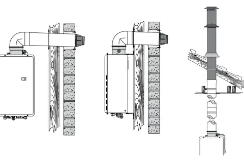 Schema di installazione di una caldaia con scarico coassiale a parete e canna fumaria esterna.