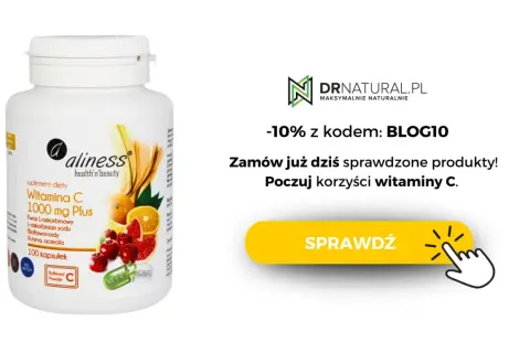 Biała butelka suplementu diety Witamina C 1000 mg Plus z owocami cytrusowymi i wiśniami.