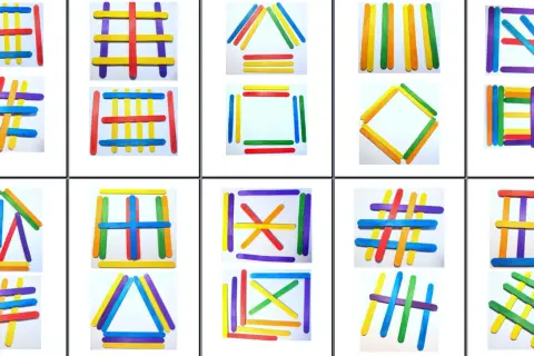 Kolorowe patyczki tworzą różne figury geometryczne i wzory. To kreatywna gra z patyczkami, która rozwija wyobraźnię.