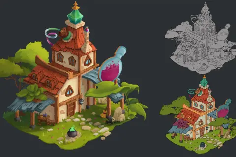 Magiczna chatka alchemika, gdzie w kociołku bulgocze eliksir, a nad wejściem wisi gigantyczna butelka z różową miksturą. To serce zatoki kupców.