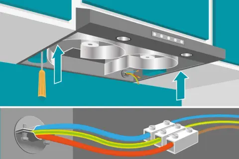Instalar tubo campana extractora: conexión de cables eléctricos y montaje.
