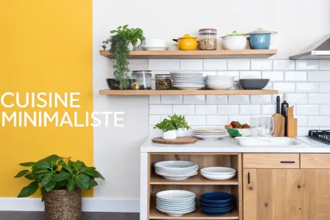 Cuisine minimaliste avec vaisselle empilée et plantes vertes. Le home staging met en valeur la simplicité et la fonctionnalité.