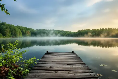 Drewniany pomost nad spokojnym jeziorem kacze oko, otoczonym lasem. Poranna mgła unosi się nad wodą, tworząc magiczną atmosferę.