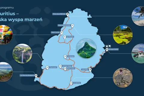 Mapa Mauritiusa z zaznaczonymi atrakcjami: plaże, wodospady, góry, żółwie. Gdzie leży Mauritius? Na Oceanie Indyjskim.