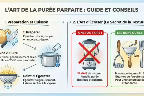 Guide pour une purée maison parfaite : préparation, cuisson, égouttage. Évitez le mixeur, privilégiez presse-purée ou fourchette pour une texture aérée.