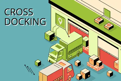 Ilustracja przedstawia proces cross docking: ciężarówki rozładowują paczki bezpośrednio do magazynu, gdzie są natychmiast przeładowywane na inne pojazdy.