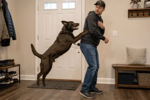 A man in jeans and a hoodie tries to stop his excited dog from jumping on him. This image illustrates how to stop a dog from jumping on people.