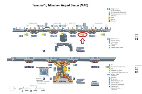 Plan lotniska w Monachium, Terminal 1. Widoczny jest obszar MAC z zaznaczonym przystankiem TAXI BUS.
