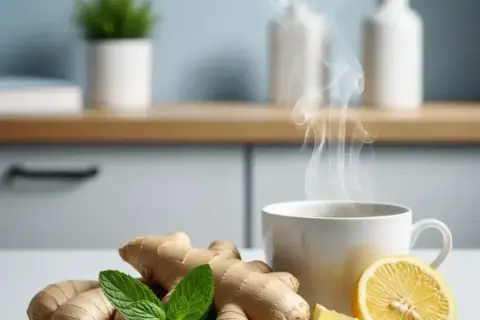 Gorąca herbata z imbirem, cytryną i miętą. Idealna na przeziębienie, jak naturalny anaketon.