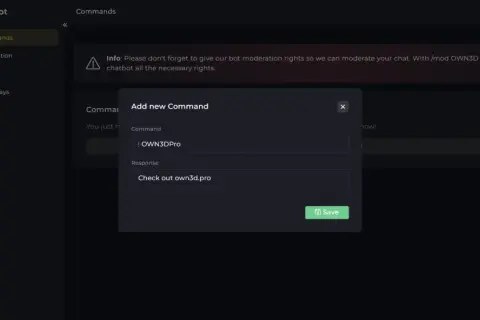 Ein Fenster zum Twitch bot einrichten zeigt, wie man einen neuen Befehl mit der Antwort "Check out own3d.pro" hinzufügt.