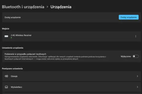 Ustawienia Bluetooth i urządzeń w Windows 11. Widzisz opcję "Dodaj urządzenie", by włączyć Bluetooth.