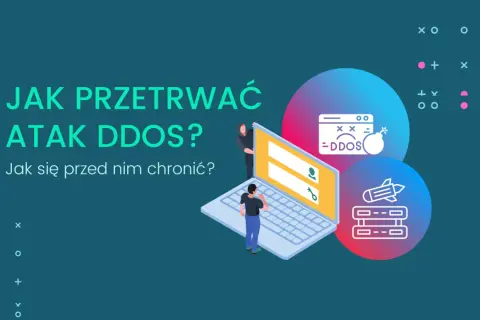 Grafika ilustruje jak przetrwać atak DDoS na IP. Widzimy laptopa, ikonę bomby z napisem DDoS oraz rakietę atakującą serwery.