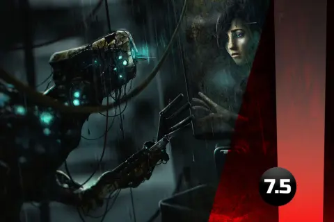 Robot z niebieskimi światłami i ludzka twarz za zaparowaną szybą.