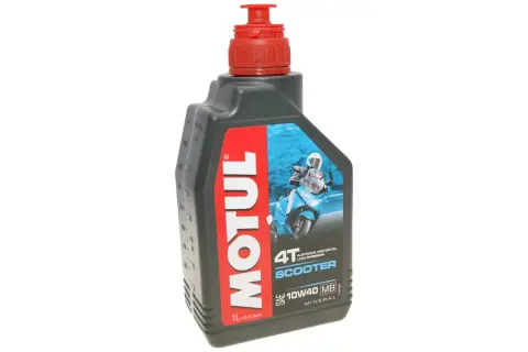 Butelka oleju Motul Transoil 10W40 Scooter z wizerunkiem skutera.