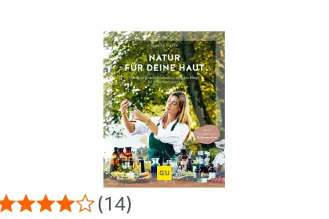Buchcover "Natur für deine Haut" mit Frau, die Wirkstoffkosmetik herstellt. Enthält 42 Rezepte zum Selbermachen.