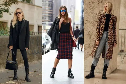 Tre donne sfoggiano un outfit con anfibi: uno total black elegante, uno con gonna a quadri e giacca di pelle, e uno con cappotto leopardato e jeans.