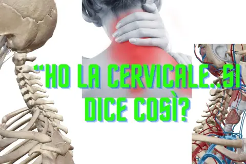Anatomia del collo e scheletro umano, con un'immagine di dolore cervicale e la scritta "Ho la cervicale. Si dice così?".