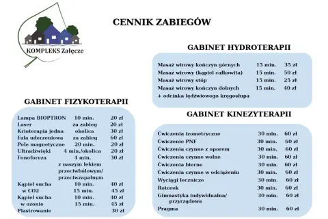 Cennik zabiegów w Kompleksie Załęcze: fizykoterapia, hydroterapia, kinezyterapia.