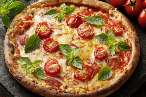 Pyszna pizza z pomidorkami i bazylią. Proste ciasto na pizzę zawsze wychodzi, a ta wygląda idealnie!