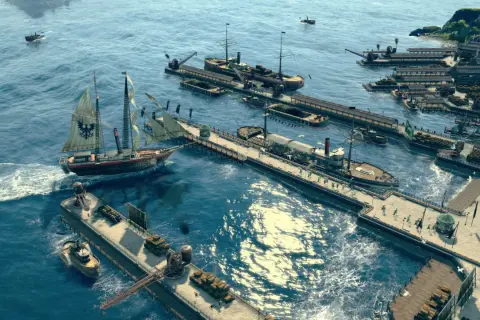Port w grze Anno 1800, pełen statków i towarów. Sprawdź wymagania, by cieszyć się tą grą!