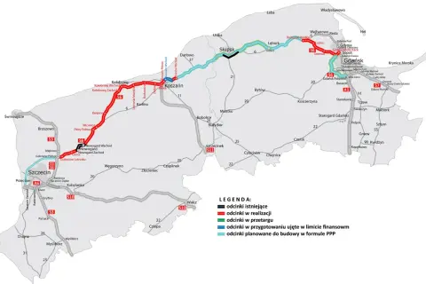 Mapa przedstawia przebieg drogi S6 wraz z odcinkami istniejącymi, w realizacji, przetargu i planowanymi.