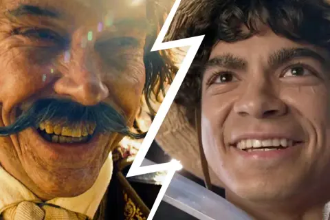 Zwei lachende Gesichter: ein älterer Mann mit Schnurrbart und ein junger Mann mit Strohhut. Ist Gold Roger Ruffys Vater?