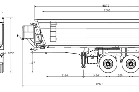 Plan technique d'une semi-remorque benne, montrant sa largeur de 2507 mm et d'autres dimensions essentielles.