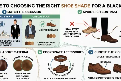 Schwarzer Anzug mit braunen Schuhen: Espresso-braune Schuhe für formelle Anlässe, hellere Brauntöne für lässige Looks. Leder für Eleganz, Wildleder für Freizeit.