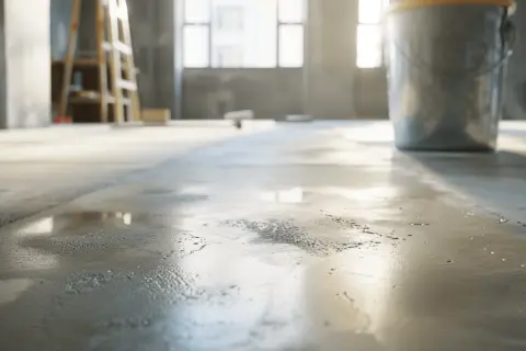 Sol fraîchement préparé pour un ragréage étanche. Un seau et une échelle sont visibles en arrière-plan.