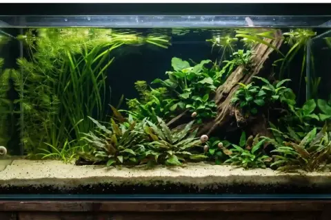 Un aquarium luxuriant avec des plantes aquatiques et des escargots. Un écosystème sain aide à comment éliminer le nitrate dans l'eau naturellement.