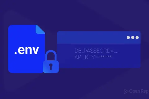 Icône de fichier .env avec un cadenas, symbolisant la sécurité des données. Le panneau affiche des informations sensibles comme DB_PASSEORD et API_KEY.