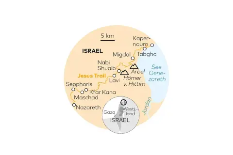 Karte des Jesus Trails in Israel, einem wichtigen Wallfahrtsort. Zeigt Nazareth, See Genezareth, Kapernaum.