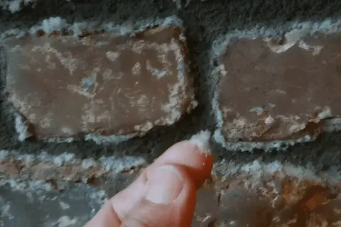Ein Finger berührt weiße Ablagerungen auf einer Ziegelwand. Dies zeigt, wie Salpeter entsteht, oft durch Feuchtigkeit und chemische Reaktionen.