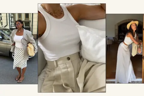 Tre kvinnor visar upp sina vita singlets i olika stilar: en med kavaj och prickig kjol, en annan med beige byxor, och en tredje med vit maxikjol och stråhatt.