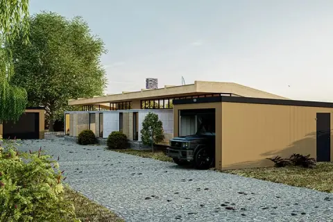 Nowoczesny garaż bez pozwolenia 70m2 z wjazdem na samochód i drzwiami bocznymi, otoczony zielenią i kamienistym podjazdem.