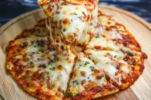 Pyszna pizza z tortilli z ciągnącym się serem i ziołami, podana na drewnianej desce.