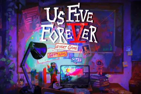 GOG darmowe gry: "Us Five Forever" – menu gry z opcjami "Start Game", "Settings", "Quit".