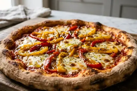 Une délicieuse pizza poivron rouge et jaune, garnie de mozzarella fondante et d'herbes, sur une planche en bois rustique.