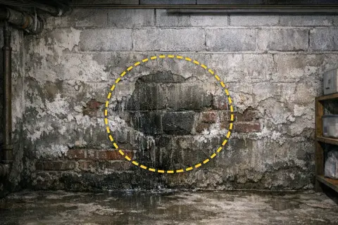 Evidente infiltrazione acqua muro con macchie scure e umidità che cola sui mattoni. La zona è evidenziata da un cerchio giallo tratteggiato.