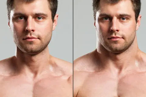 Split image shows a man's face and upper chest. The left side shows a less defined neck, while the right side, after neck training, displays a more muscular and sculpted appearance.