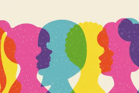 Kleurrijke silhouetten van hoofden, overlappend en in gesprek. Een subtiele hint van manipulatief gedrag in de interactie.
