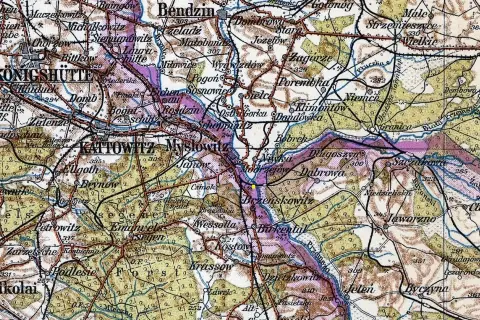 Mapa przedstawia obszar z zaznaczoną granicą 3 państw, z widocznymi miastami jak Katowice, Mysłowice i Jaworzno.
