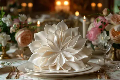 Magnifique pliage serviette en forme de fleur pour une noce d'or. La table est dressée avec élégance, entourée de bougies et de roses.